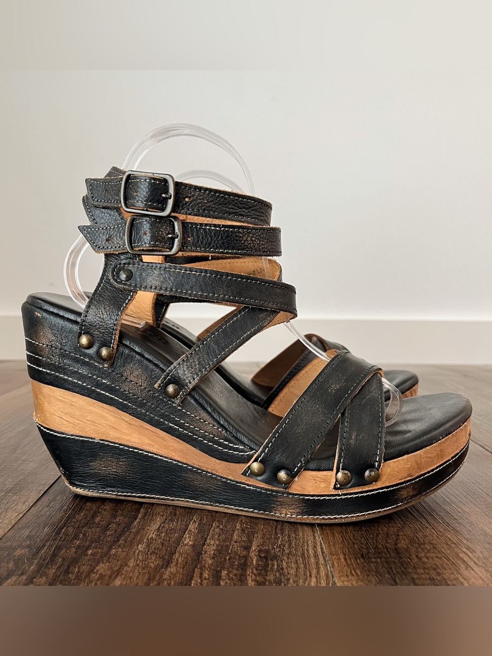Bed Stu Juliana Platform Wedge Leather Sandal Strappy Buckle Size 11 Black Brown